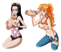 2boys bikini black_hair blush breasts clothes color cum female glasses hair handjob human jeans male multiple_females multiple_males nami nico_robin nipples nopeavi one_piece orange_hair penis post-timeskip sitting tagme uncensored wink