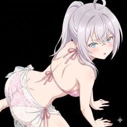 ai_generated alisa_mikhailovna_kujou ass_focus big_breasts bikini black_background blue_eyes eyelashes large_breasts roshidere tokidoki_bosotto_russian_de_dereru_tonari_no_alya-san waifu2x white_hair white_skin