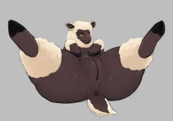 anatomically_inaccurate ankle_tuft anus black_hooves blush bovid brown_body brown_skin caprine cloven_hooves dark_body dark_eyelids dark_skin darkened_anus dock_(anatomy) eyelashes female feral fur genitals holemann hooves horizontal_pupils humanoid_genitalia humanoid_genitalia_on_feral humanoid_vulva humanoid_vulva_on_feral leg_tuft lidded_eyes lying mammal neck_tuft on_back presenting presenting_vulva pupils scut_tail sheared sheep short_tail snout solo spread_legs spreading tail tuft vulva white_body white_fur white_wool wool_(fur) yellow_eyes