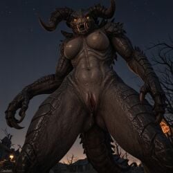 ai_generated anthro athletic_female average_breasts deathclaw fallout female female_anthro female_only glowing_eyes grey_body hard_nipples horns low-angle_view nightmare_waifu pussy pussy_focus pussy_juice_drip rataddict scales scalie solo