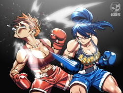 2023 abs angry bandage big_breasts blue_eyes blue_hair borudbrian boxing boxing_gloves boxing_shorts female_boxer hair_tied_up izumo_fuuko mouth_guard muscular_female orange_hair punching_face red_eyes undead_unluck