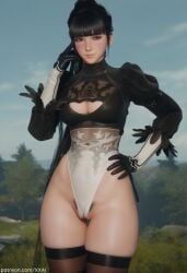 1girl 2b_(nier:automata) 2b_(nier:automata)_(cosplay) 3d 3d_render 3dcg ai ai_art ai_generated black_hair breasts cosplay eve_(stellar_blade) feather-trimmed_sleeves female_pubic_hair gloves hand_on_own_hip leotard mole mole_under_mouth no_blindfold pubic_hair shift_up solo stellar_blade tagme thighhighs xxai yorha_2b