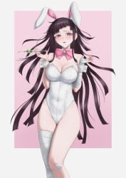 1girl black_hair blush bowtie breasts bunny_suit bunnysuit cleavage danganronpa female koha_2652 solo solo_focus syringe tagme thick_thighs thighs tsumiki_mikan