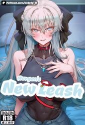 1girl 1girls ai_generated animal_collar b34sty_0 bed bedroom big_boobies big_boobs big_breasts big_tits big_titties black_shirt blue_bed blue_eyes blue_jeans blush boobs bracelet bracelets breasts chain_necklace collar comic comic_cover compression_shirt dog_collar doujin doujin_cover eyes fate/grand_order fate_(series) girl hair hand_on_chest heart-shaped_pupils indoors jeans large_boobies large_boobs large_breasts large_tits large_titties long_hair looking_at_viewer morgan_le_fay_(fate) necklace open_mouth patreon ponytail r18 red_collar shirt silver_bracelet silver_hair sitting sitting_on_bed sleeveless sleeveless_shirt smile staring_at_viewer title_page tits watermark white_hair woman