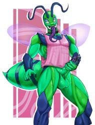 absurd_res alien alien_humanoid antennae_(anatomy) anthro arthropod arthropod_abdomen athletic balls barbed_glans blue_body blue_skin bodily_fluids bottomless bottomless_male choker clothed clothing colored_cum cum ekster erection genital_fluids genitals glans green_body green_cum green_skin hi_res humanoid insect jewelry long_tongue looking_at_viewer male mandibles masturbation necklace penis pink_clothing purple_tongue sadboygum1 shirt solo tank_top tongue tongue_out topwear translucent translucent_wings unusual_bodily_fluids unusual_cum unusual_genital_fluids wings