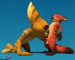 3d_(artwork) absurd_res animal_genitalia anthro balls black_nose blender_(artwork) blender_cycles_(artwork) blue_background canid canine canine_genitalia countershading digital_media_(artwork) disney duo english_text erection eyes_closed fox fur genitals gloves_(marking) hi_res insomniac_games kneeling knot knotted_penis lombax male male/male mammal markings nick_wilde nude oral oral_penetration orange_body orange_fur penetration penis pink_penis rasterraccoon ratchet_(ratchet_and_clank) ratchet_and_clank simple_background sony_corporation sony_interactive_entertainment standing stripes text watermark yellow_body yellow_fur zootopia