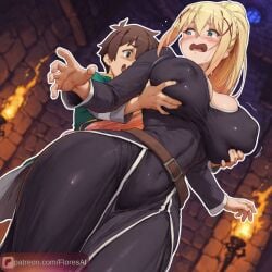1boy 1boy1girl 1girls ai_assisted ai_generated big_ass darkness_(konosuba) floresai grabbing grabbing_from_behind groping_breasts huge_ass huge_breasts kono_subarashii_sekai_ni_shukufuku_wo! narrow_waist patreon patreon_url patreon_username satou_kazuma surprised thick_thighs wide_hips
