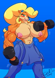 abs areola areolae biceps breasts coco_bandicoot crash_(series) female jack_hoo_(artist) muscles muscular muscular_arms muscular_female nipples weights