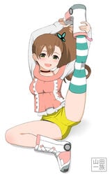 :d arms_up bare_shoulders blush brown_hair butterfly_hair_ornament chousoku_henkei_gyrozetter female fukurokouji green_eyes hair_ornament inaba_rinne leg_up long_hair looking_at_viewer open_mouth ribbon_choker roller_shoes shorts side_ponytail single_thighhigh sitting smile solo stretch striped striped_legwear thighhighs