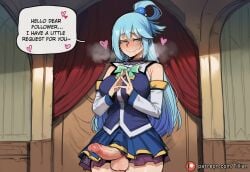 1girl ai_generated aqua_(konosuba) aqua_konosuba blue_eyes blue_hair blush breasts detached_sleeves english_text erection futanari hair_ornament heart kono_subarashii_sekai_ni_shukufuku_wo! long_hair patreon_username penis precum skirt solo speech_bubble testicles tillian uncensored