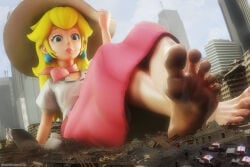 blonde_hair blue_eyes dirty_feet feet giant giant_female giantess gigantic_female macro macro_female macrophilia nintendo princess princess_peach sadinincarnate3d super_mario_bros. tiny_people