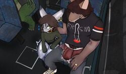 anthro aquatic blacktip_shark brown_hair bulge bus carcharhinus collar commercial_vehicle duo ear_piercing ear_ring fish goofer ground_shark hair hi_res leopard_shark male male/male musk piercing public public_exposure requiem_shark ring_piercing shark triakid vehicle
