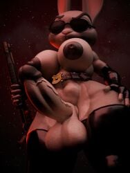 3d_(artwork) absurd_res anthro armwear balls big_breasts black_armwear black_clothing black_elbow_gloves black_gloves black_handwear black_latex black_legwear black_thigh_highs breasts clothing crossgender digital_media_(artwork) disney elbow_gloves erection eyebrows eyewear ftg_crossgender fti_crossgender genital_outline genitals gloves gun gynomorph handwear hi_res intersex judy_hopps lagomorph latex latex_armwear latex_clothing latex_elbow_gloves latex_gloves latex_handwear latex_legwear latex_thigh_highs legwear leporid looking_at_viewer looking_down looking_down_at_viewer mammal nipples oddo penis police_badge rabbit raised_eyebrow ranged_weapon red_background shotgun simple_background solo star sunglasses tactical_belt thigh_highs weapon zootopia