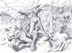 0laffson 2026 anthro barefoot bottomwear breasts caracal caracal_(genus) caught_in_the_act chest_tuft clothing ear_piercing ear_tuft feet felid feline female female/female fingering forest fur graphite_(artwork) group heart_symbol hi_res holding_melee_weapon holding_object holding_polearm holding_spear holding_weapon inner_ear_fluff khori_(0laffson) kneeling licking loincloth lynx male mammal melee_weapon multi_nipple neck_lick neck_tuft nipples nireth_(0laffson) nude nude_anthro nude_female open_mouth outside pawpads paws piercing plant polearm rahan_(0laffson) romantic romantic_couple signature spear spots surprised tail teeth tongue traditional_media_(artwork) tree trio tuft vaginal vaginal_fingering water weapon