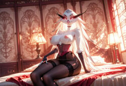 ai_generated avian avian_humanoid corset demon female female_only hellaverse helluva_boss milf nipples pantyhose royal solo_focus stella_(helluva_boss) thigh_highs thighhighs vivienne_medrano vivziepop
