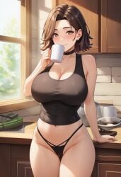 ai_generated big_breasts brown_hair brunette kitchen original_character sleeveless tank_top thong wavy_hair