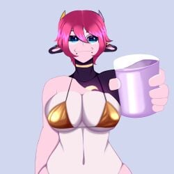 1girl alternate_version_at_source animal_genitalia character_name cow_girl cup gold_bikini golden_week ice_(sweet_mei) looking_at_viewer milk milk_in_cup oc purple_milk smile sweet_mei