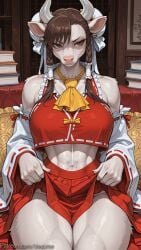 1girl abs ai_generated animal_ears body_fur book braid breasts brown_eyes brown_hair chun-li clothes_lift cosplay couch cow_ears cow_girl cow_horns crop_top decurse detached_sleeves earrings furrification furry furry_female hair_tubes horns large_breasts looking_at_viewer midriff muscular muscular_female navel nontraditional_miko red_skirt sitting skirt skirt_lift snout solo street_fighter thick_thighs thighs twin_braids
