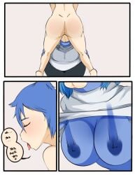big_nipples blowjob blue_body blue_hair bouncing_breasts breasts_out cartoon comic female female_focus futa_on_female inside_out joy_(inside_out) sadness_(inside_out) short_hair yellow_body
