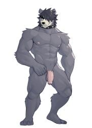 abs anthro areola balls bear biped collar colored feet fingers flaccid foreskin front_view full-length_portrait fur genitals glans grey_body grey_fur grey_hair hair hair_over_eye hi_res humanoid_feet humanoid_genitalia humanoid_hands humanoid_penis jrjresq looking_aside male mammal marsh_(jrjresq) muscular muscular_anthro muscular_arms muscular_legs muscular_male nipples nude nude_anthro nude_male pecs penis pinup plantigrade portrait pose shaded short_hair simple_background smile smirk smug snaggle_tooth solo spiked_collar spikes standing toes vein veiny_penis white_background