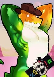 censor_bar censored_penis cowboy_hat furry gummigoo_(the_amazing_digital_circus) hands_behind_head male_focus male_only muscular_male reptile tagme the_amazing_digital_circus