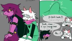 anthro blush bodily_fluids bovid caprine cartoon_freckles clothed clothing deltarune dialogue duo embarrassed embarrassed_horny english_text erection female fully_clothed genital_fluids goat hi_res horn lizard male mammal nsfwbunniii precum precum_through_clothing ralsei reptile scalie sitting spiral spiral_eyes stated_virginity susie_(deltarune) sweat text undertale_(series) unwanted_erection wet wet_clothing