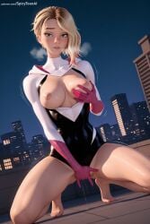 1girl ai_generated barefoot blonde_hair blue_eyes bodysuit breasts breasts_outside building city cityscape gwen_stacy hi_res high_quality high_resolution looking_at_viewer marvel masturbation night nipples outdoors parted_lips patreon pussy_juice rooftop seductive self_fondle sexy sky skyscraper solo spicytoonai squatting superhero uncensored watermark