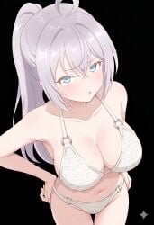 ai_generated alisa_mikhailovna_kujou big_breasts bikini black_background blue_eyes eyelashes large_breasts roshidere tokidoki_bosotto_russian_de_dereru_tonari_no_alya-san waifu2x white_hair white_skin