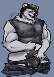 anthro balls bear belly blush bodily_fluids body_hair clothed clothing epic_games fortnite fur genitals hi_res male mammal musclegut muscular nipples penis polar_bear polar_patroller ryothehuskyy simple_background solo sweat translucent translucent_clothing ursine wet wet_clothing white_body white_fur