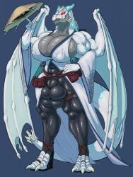 3:4 4_balls animal_genitalia anthro arm_warmers armwear balls belt big_breasts biped blue_hair bodysuit breasts clothing digitigrade dragon eastern_clothing facial_piercing footwear frostwyrm genitals gynomorph gynomorph_anthro hair hand_on_hip hat headgear headwear hi_res horn huge_breasts intersex intersex_anthro lip_piercing long_hair markings maytrus multi_balls multi_genitalia mythological_creature mythological_scalie mythology nipple_outline piercing pouches raised_arm red_eyes sandals scales scalie sheath shoes skinsuit solo spiked_tail spikes spikes_(anatomy) standing tail tight_clothing whip white_body white_scales wings