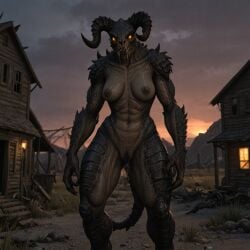 ai_generated anthro athletic_female average_breasts deathclaw fallout female female_anthro female_only glowing_eyes grey_body hard_nipples heat horns nightmare_waifu pussy pussy_juice pussy_juice_drip rataddict saliva saliva_drip scales scalie solo standing
