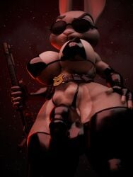 3:4 3d_(artwork) absurd_res anthro armwear balls balls_outline bikini bikini_bottom bikini_top black_armwear black_bikini black_clothing black_elbow_gloves black_gloves black_handwear black_latex black_legwear black_swimwear black_thigh_highs breasts bulge clothing crossgender detailed_bulge digital_media_(artwork) disney elbow_gloves eyebrows eyewear ftg_crossgender fti_crossgender genital_outline genitals gloves gun gynomorph handwear hi_res intersex judy_hopps lagomorph latex latex_armwear latex_bikini latex_clothing latex_elbow_gloves latex_gloves latex_handwear latex_legwear latex_thigh_highs legwear leporid looking_at_viewer looking_down looking_down_at_viewer mammal oddo penis_outline police_badge rabbit raised_eyebrow ranged_weapon red_background shotgun simple_background solo star sunglasses swimwear tactical_belt thigh_highs two-piece_swimsuit weapon zootopia