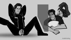blush boiledhotdog cum cuntboy facial kevin_flynn laying_on_stomach leaking_cum looking_at_viewer looking_back male monochrome older_male partially_clothed pussy ripped_clothing self_insert showing_off sweat tight_clothing tongue tron tron_uprising