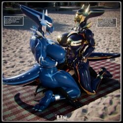 1:1 3d_(artwork) absurd_res anthro asteria_(beanthewaif) beanthewaif black_border blender_(artwork) bodily_fluids border canid canine cunnilingus dialga digital_media_(artwork) dominant dominant_female english_text facesitting female female_dominating_male fox generation_4_pokemon group hi_res legendary_pokemon male male/female mammal nintendo oral pinned pinned_to_ground pokemon pokemon_(species) riley_collins_(asrielth3f0x) sex sibling_(lore) sister_(lore) sitting sitting_on_another size_difference submissive submissive_male sweat sylvia_(beanthewaif) text trio vaginal vulper