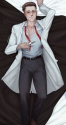 1boy blush blushing brown_eyes brown_hair dakimakura dakimakura_design dark_hair doctor lying_on_back male_only medical_instrument meinkatzchen scrutinized scrutinized_(game) shirt_open smile smiling_at_viewer syringe tanner_(scrutinized) tie