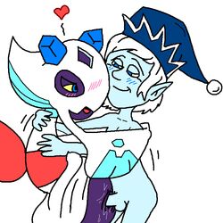 1boy 1girls blue-skinned_male blue_hat blue_skin christmas_headwear completely_naked completely_naked_male completely_nude completely_nude_male crossover embracing embracing_each_other female froslass humanoid humanoid_on_alien humanoid_on_anthro immortal jack_frost jack_frost_(rankin-bass) male nintendo one_female pokemon pokephilia rankin-bass standing_sex straight white_hair young_male young_man