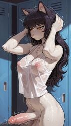 1girl ai_generated animal_ears animal_nose black_hair blake_belladonna blush body_fur breasts cat_ears cat_girl cleavage covered_nipples cowboy_shot decurse erection furry furry_female indoors locker locker_room long_hair medium_breasts nipples penis rwby see-through shirt solo sweat uncensored wet wet_clothes wet_shirt yellow_eyes