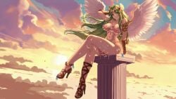 angel_wings bare_shoulders breasts collarbone commentary crossed_legs cum dress earrings english_commentary feathered_wings female forehead_jewel green_eyes green_hair itzah jewelry kid_icarus long_hair medium_breasts nintendo nude palutena pixel_art single_thighhigh sitting stockings strapless strapless_dress tagme vagina video white_dress white_thighhighs white_wings wings