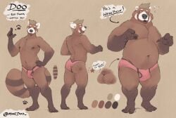 2020 ailurid anthro bear brown_body brown_fur brown_hair brown_nipples bulge butt clothing english_text feet fur fur_markings hair looking_at_viewer male mammal markings minedoo model_sheet nipples overweight overweight_anthro overweight_male pink_clothing pink_underwear red_panda simple_background solo tan_hair text tongue tongue_out underwear white_body white_fur