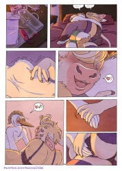 5_fingers anthro anthro_on_anthro avian bed bedroom bird blush bovid bovine boxers_(clothing) breasts butt cattle cattle_egret clothed clothed_anthro clothed_female clothed_male clothing clover_(kantachibli) comic cuddling duo feathers female fingers fur furniture hand_holding heron hi_res humanoid_hands interspecies interspecies_romance kantachibli lingerie lying lying_on_bed male male/female mammal on_bed on_side page_number panties pelecaniform phillip_(kantachibli) pictographics romantic romantic_ambiance romantic_couple sex_toy speech_bubble tan_body tan_fur text topless topless_anthro topless_male underwear url vibrator white_body white_feathers