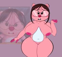 absurd_res anthro areola beady_eyes beaver big_breasts black_eyes breasts brown_hair buckteeth chicas_que_lucen_asi_tienen_permiso_de_arruinarme_la_vida eyelashes eyewear female front_view fur genitals glasses hair hi_res looking_at_viewer loopy_(pororo) majuv mammal meme navel nipples nude open_mouth pink_areola pink_body pink_fur pink_nipples pororo_the_little_penguin purple_background red_nose rodent short_hair simple_background solo teeth thick_thighs vulva white_body white_fur wide_hips