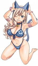 armpits barefoot blonde_hair blue_bikini blue_eyes cat_ears cat_tail choker cleavage clenched_teeth edens_zero fake_animal_ears grin groin hands_on_head kneeling large_breasts long_hair mashima_hiro official_art one_eye_closed rebecca_bluegarden string_bikini upscaled wavy_hair wink