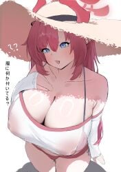 1girls big_breasts blue_archive blue_eyes blush breasts female gehenna_academy_student halo hat megu_(blue_archive) nipples nipples_visible_through_clothing practicerecord red_hair swimsuit