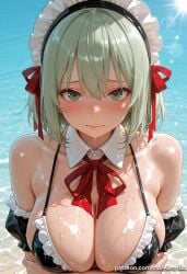1girl ai_generated bangs bare_shoulders bikini black_bikini blush breasts cleavage closed_mouth collarbone day detached_collar detached_sleeves frilled_bikini frills green_eyes green_hair hair_between_eyes hair_ribbon kermixx komeiji_koishi large_breasts looking_at_viewer maid maid_bikini maid_headdress neck_ribbon outdoors red_ribbon ribbon shiny shiny_skin short_hair solo swimsuit touhou upper_body water wet