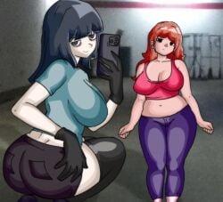 2girls belly belly_button big_breasts black_hair blue_shirt chetoh cleavage clothed clothed_female female female_focus female_only gloves grey_hair hair hand_on_ass hand_on_hips holding_phone human looking_at_viewer looking_back looking_back_at_viewer oc orange_hair original original_character pants photo_background rear_view red_topwear short_hair shorts smile smiling smiling_at_viewer squatting sweater taking_picture