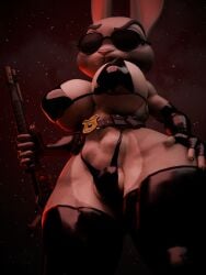3:4 3d_(artwork) absurd_res anthro armwear big_breasts bikini bikini_bottom bikini_top black_armwear black_bikini black_clothing black_elbow_gloves black_gloves black_handwear black_latex black_legwear black_swimwear black_thigh_highs breasts camel_toe clothing digital_media_(artwork) disney elbow_gloves eyebrows eyewear female gloves gun handwear hi_res judy_hopps lagomorph latex latex_armwear latex_bikini latex_clothing latex_elbow_gloves latex_gloves latex_handwear latex_legwear latex_thigh_highs legwear leporid looking_at_viewer looking_down looking_down_at_viewer mammal oddo police_badge rabbit raised_eyebrow ranged_weapon red_background shotgun simple_background solo star sunglasses swimwear tactical_belt thigh_highs two-piece_swimsuit weapon zootopia