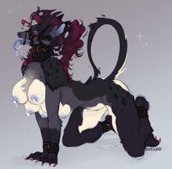 2021 6_breasts 6_nipples all_fours anthro areola bdsm bit_gag black_body blue_areola blue_nipples blue_tongue bodily_fluids breasts canid canid_demon canine collar cuffed_ankles cuffed_wrists demon dripping drooling faedread female female_anthro forked_tongue gag gagged genital_fluids gradient_background grey_background grey_body halter harness_bit_gag harness_gag hellhound hi_res horn lactating long_tongue mammal multi_breast multi_nipple multicolored_body muzzle_gag mythological_canine mythological_creature mythology nipples open_mouth posture_collar saliva saliva_drip saliva_on_breasts saliva_on_tongue simple_background solo submissive submissive_anthro submissive_female tan_body tongue tongue_out vaginal_fluids veilhound
