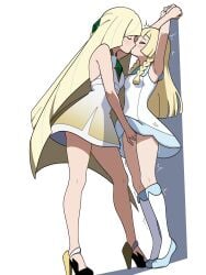 2girls blonde_hair blush female female_only fingering incest kissing lillie_(pokemon) lusamine_(pokemon) nintendo nipehi pokemon pokemon_sm yuri