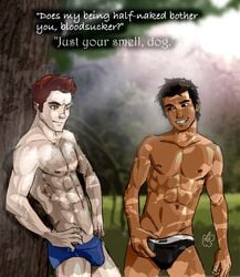 2boys black_eyes brown_hair dark-skinned_male duo edward_cullen english_text jacob_black looking_at_another macuser male male_only multiple_males muscles muscular native_american_male new_moon short_hair smile text the_twilight_saga yaoi