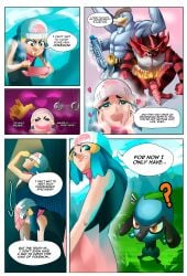 ahegao animal_genitalia animal_humanoid animal_penis big_penis comic comic_page comic_panel cum dawn_(pokemon) english_text huge_ass huge_cock incineroar jerking machamp pokemon pokemon_(species) pokephilia text